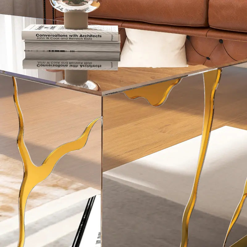 Rectangle Coffee Table Mirrored Golden Crackle Design