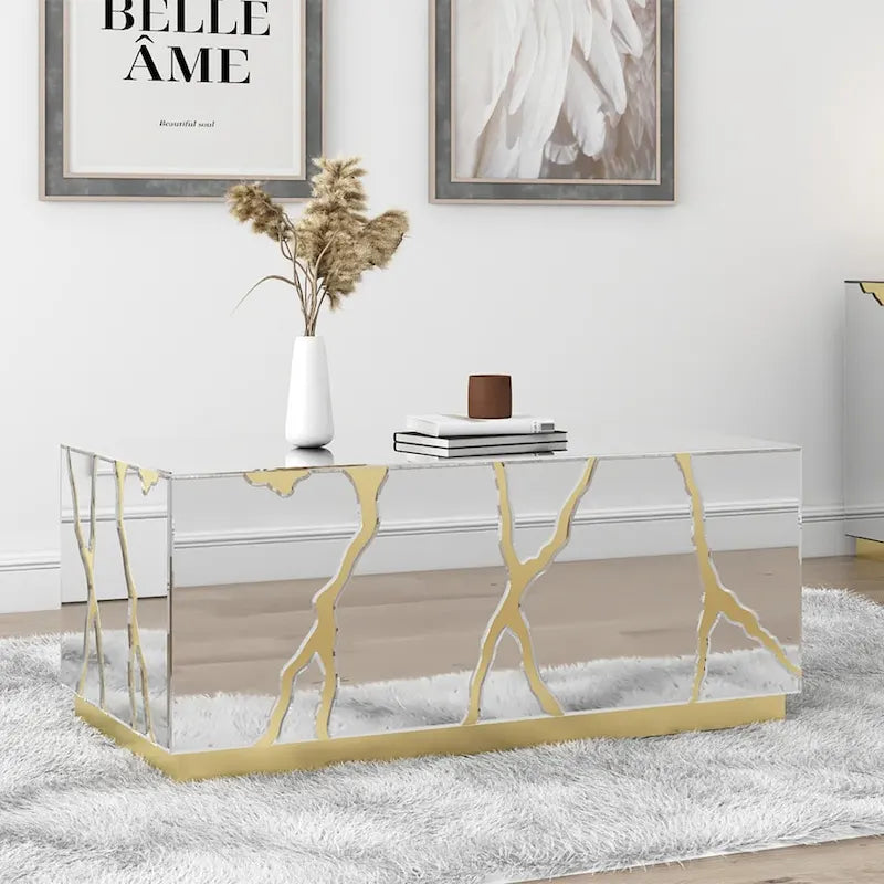 Rectangle Coffee Table Mirrored Golden Crackle Design