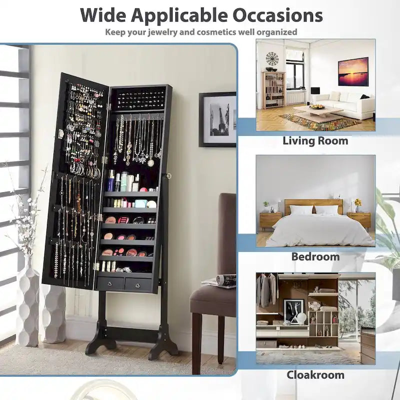 Mirrored Jewelry Storage Cabinet with Drawers and Hooks - 18 x 14.5 x 61.5