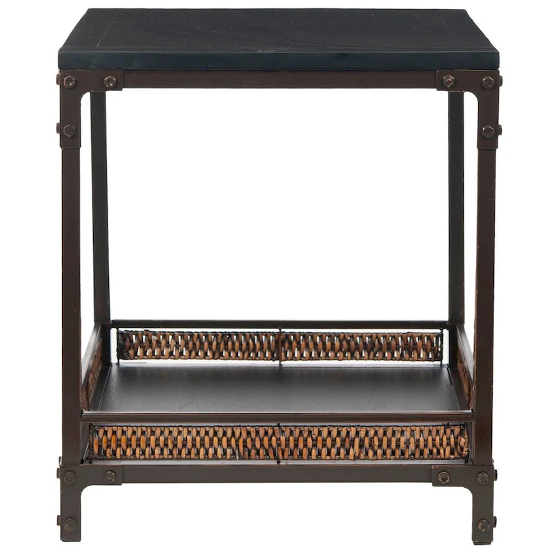 Wicker Accent End Table with Wood Top, 22"x22"x25.2", Dark Walnut Metal Legs