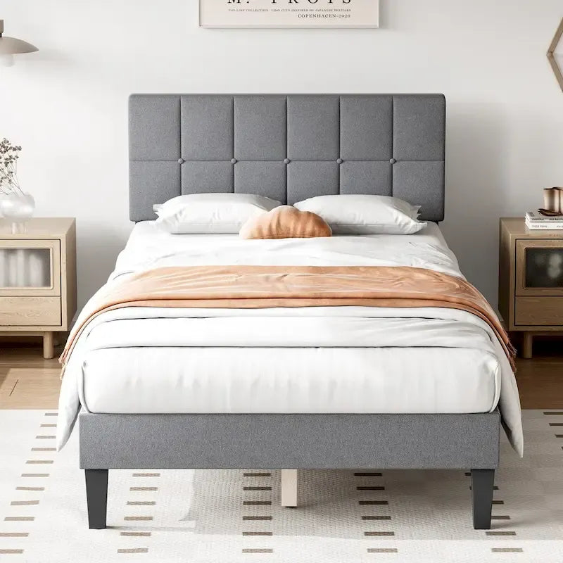 Twin Bed Frame, Upholstered Tufted Linen Platform Bed with Adjustable Height Headboard