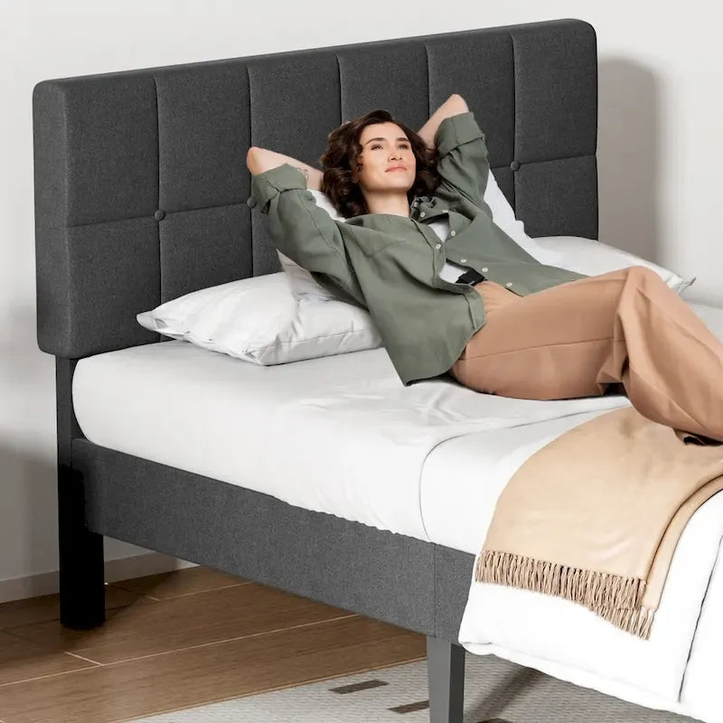 Twin Bed Frame, Upholstered Tufted Linen Platform Bed with Adjustable Height Headboard