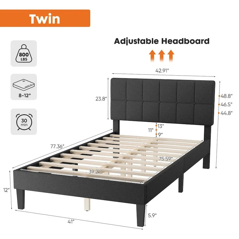 Twin Bed Frame, Upholstered Tufted Linen Platform Bed with Adjustable Height Headboard