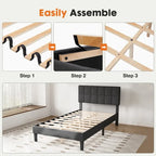 Twin Bed Frame, Upholstered Tufted Linen Platform Bed with Adjustable Height Headboard
