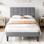Twin Bed Frame, Upholstered Tufted Linen Platform Bed with Adjustable Height Headboard