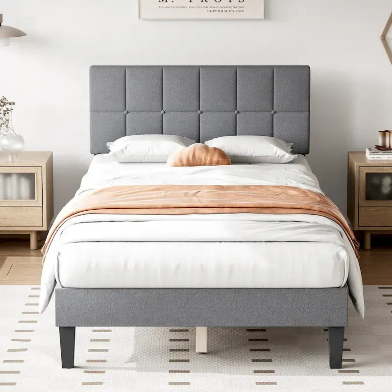 Twin Bed Frame, Upholstered Tufted Linen Platform Bed with Adjustable Height Headboard