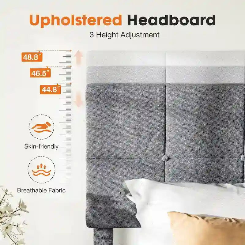 Twin Bed Frame, Upholstered Tufted Linen Platform Bed with Adjustable Height Headboard