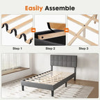 Twin Bed Frame, Upholstered Tufted Linen Platform Bed with Adjustable Height Headboard