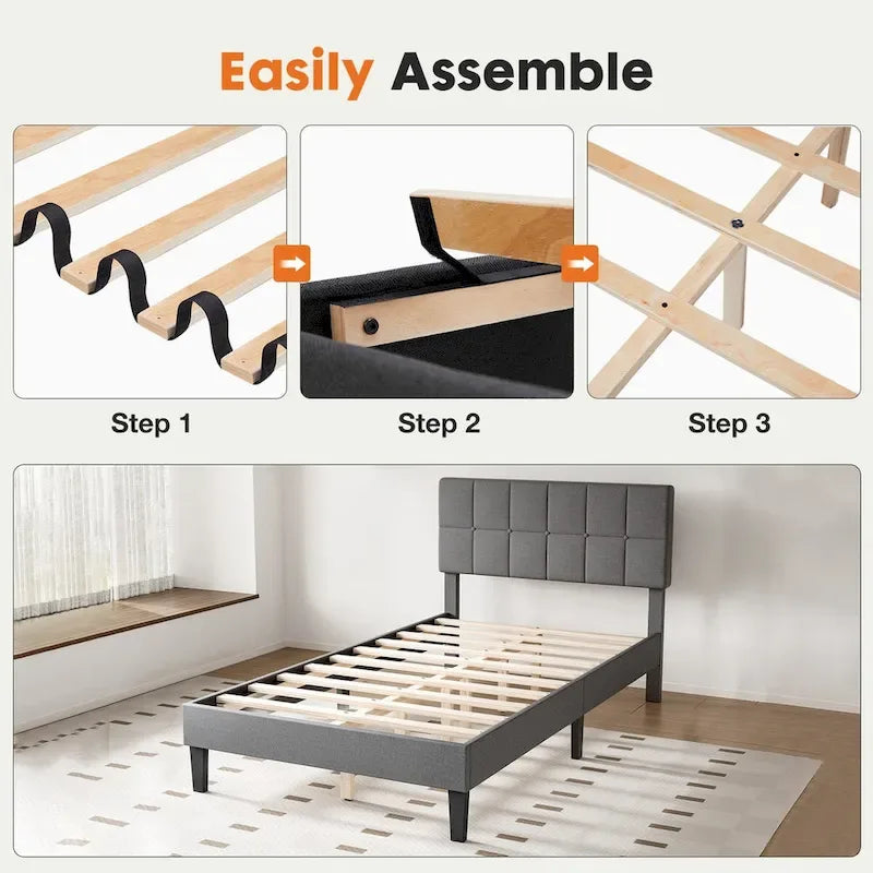 Twin Bed Frame, Upholstered Tufted Linen Platform Bed with Adjustable Height Headboard