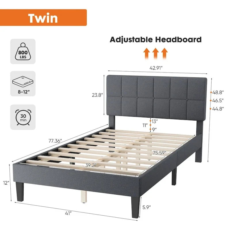 Twin Bed Frame, Upholstered Tufted Linen Platform Bed with Adjustable Height Headboard