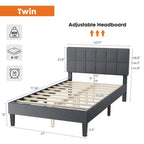 Twin Bed Frame, Upholstered Tufted Linen Platform Bed with Adjustable Height Headboard
