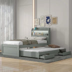 Twin XL Size Platform Bed with LED Headboard and Twin Trundle