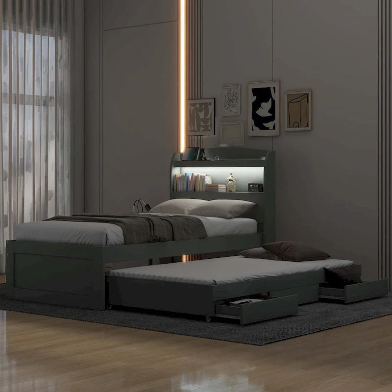 Twin XL Size Platform Bed with LED Headboard and Twin Trundle