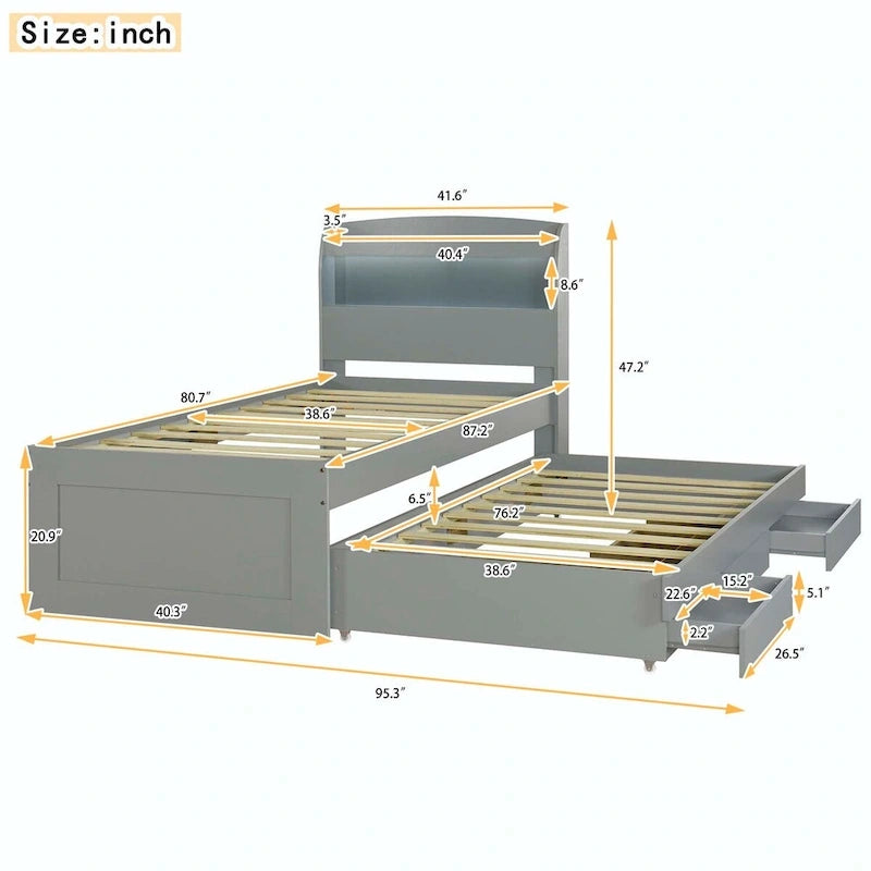 Twin XL Size Platform Bed with LED Headboard and Twin Trundle