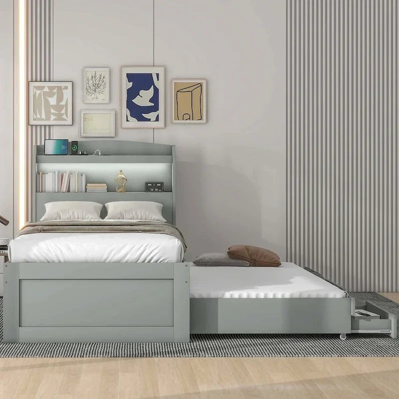 Twin XL Size Platform Bed with LED Headboard and Twin Trundle