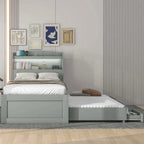 Twin XL Size Platform Bed with LED Headboard and Twin Trundle
