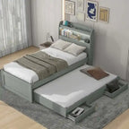 Twin XL Size Platform Bed with LED Headboard and Twin Trundle