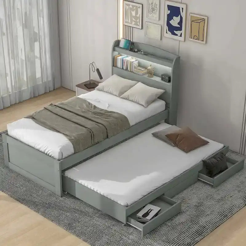 Twin XL Size Platform Bed with LED Headboard and Twin Trundle