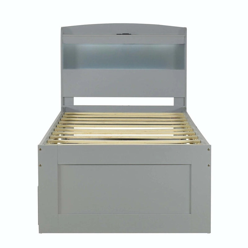 Twin XL Size Platform Bed with LED Headboard and Twin Trundle