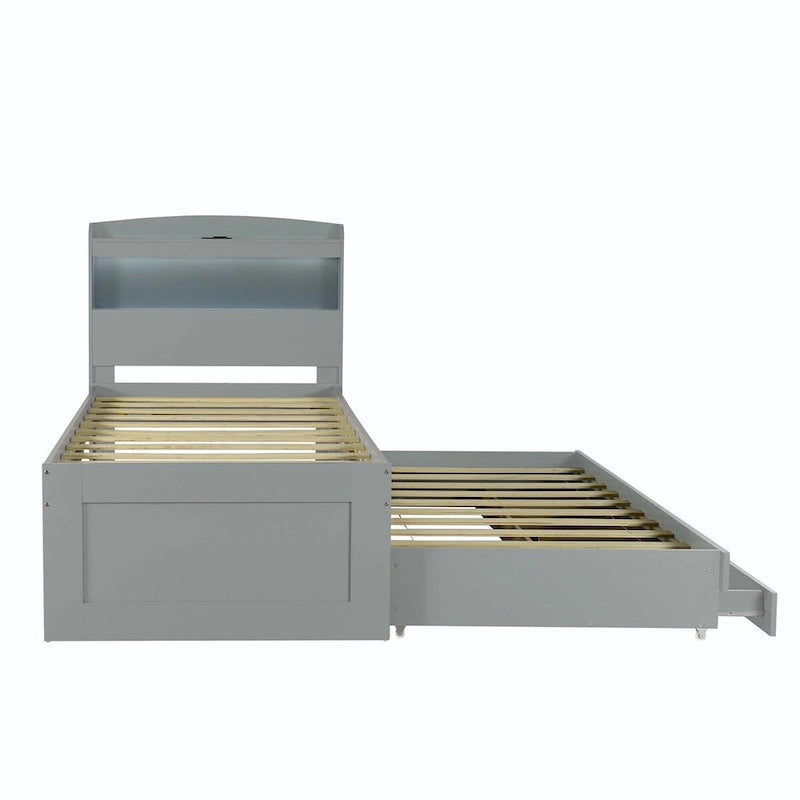 Twin XL Size Platform Bed with LED Headboard and Twin Trundle