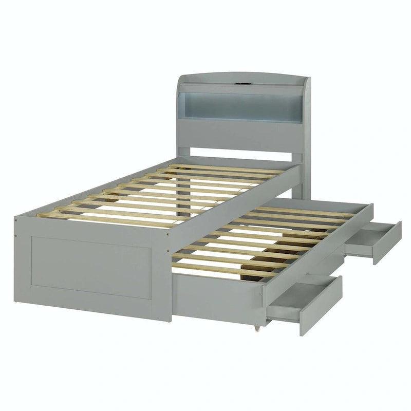 Twin XL Size Platform Bed with LED Headboard and Twin Trundle