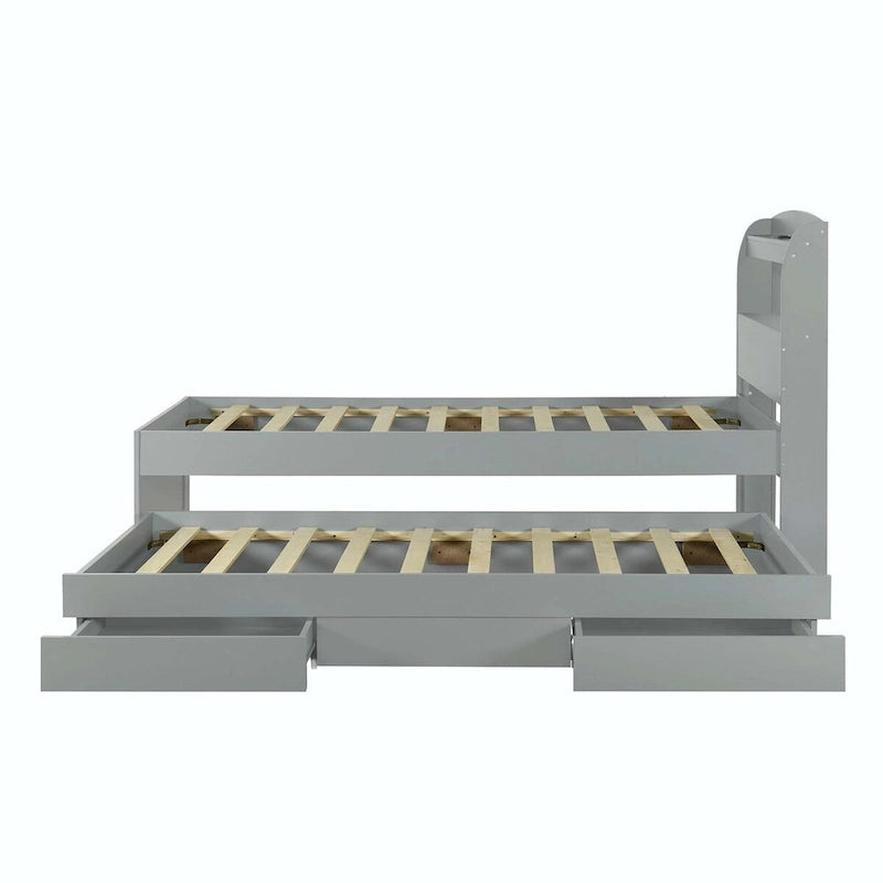 Twin XL Size Platform Bed with LED Headboard and Twin Trundle