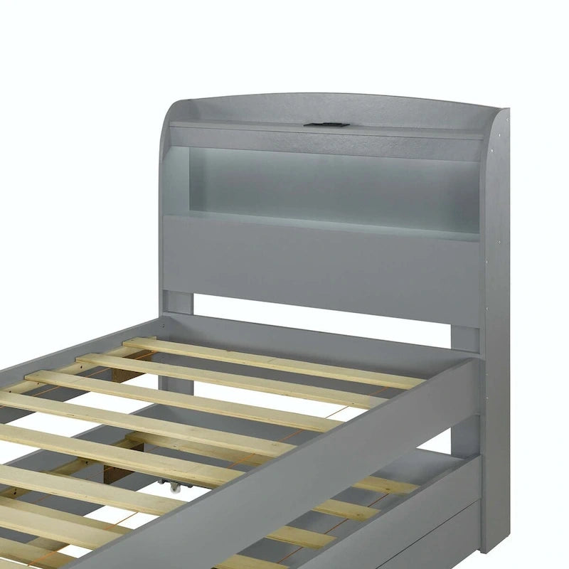 Twin XL Size Platform Bed with LED Headboard and Twin Trundle