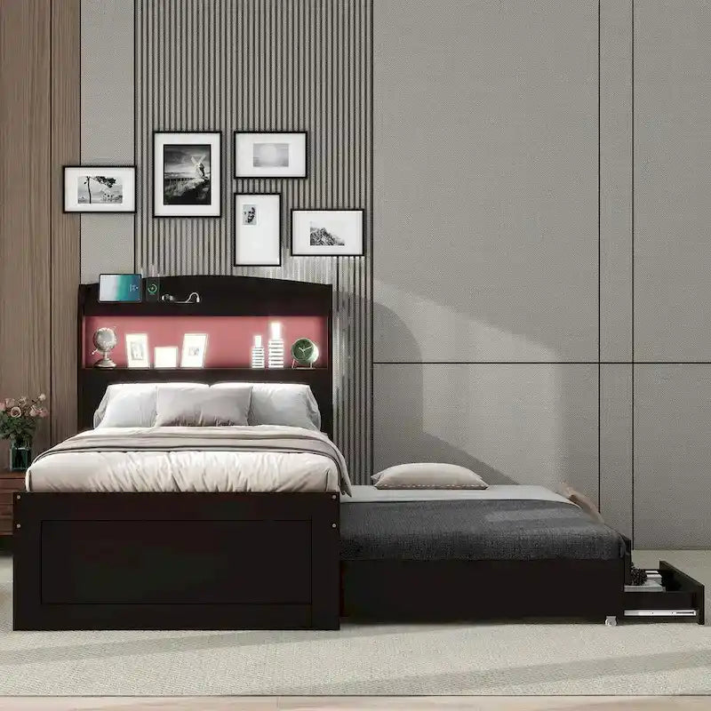 Twin XL Size Platform Bed with LED Headboard and Twin Trundle