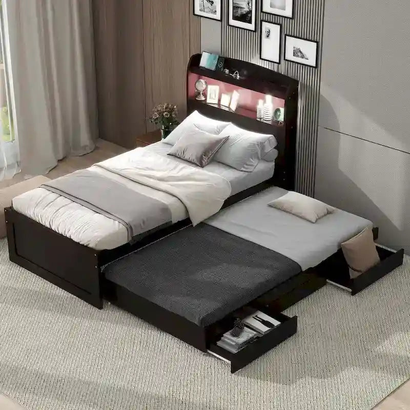 Twin XL Size Platform Bed with LED Headboard and Twin Trundle