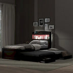 Twin XL Size Platform Bed with LED Headboard and Twin Trundle