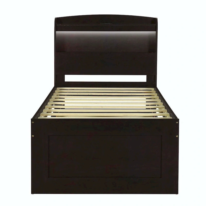 Twin XL Size Platform Bed with LED Headboard and Twin Trundle