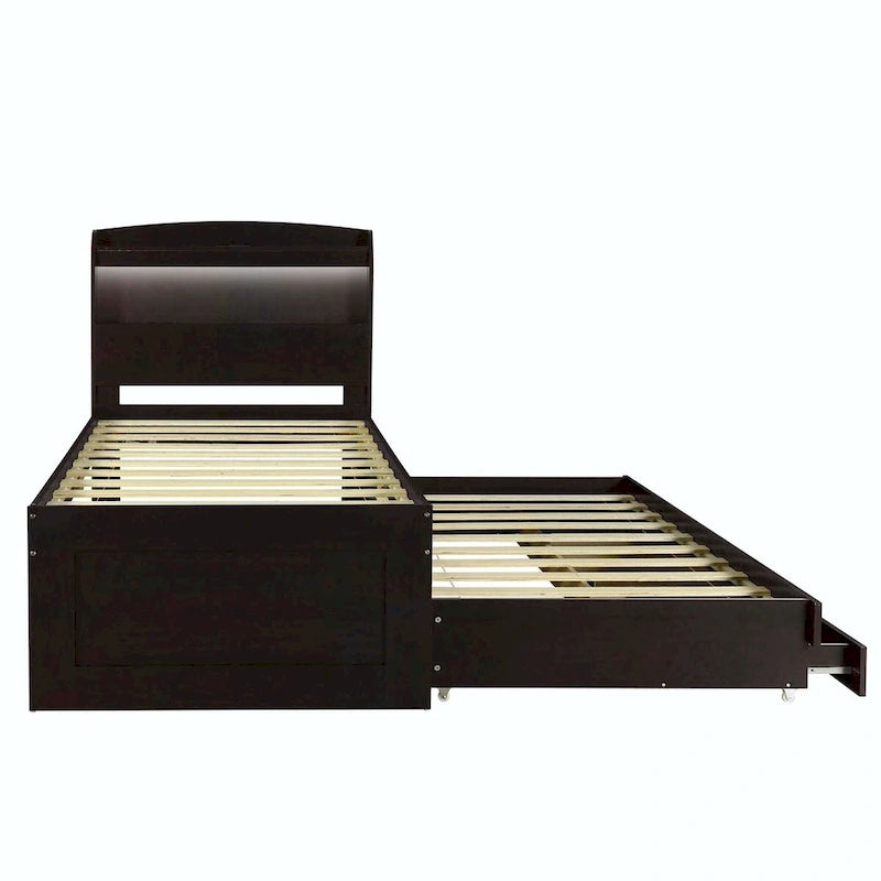 Twin XL Size Platform Bed with LED Headboard and Twin Trundle