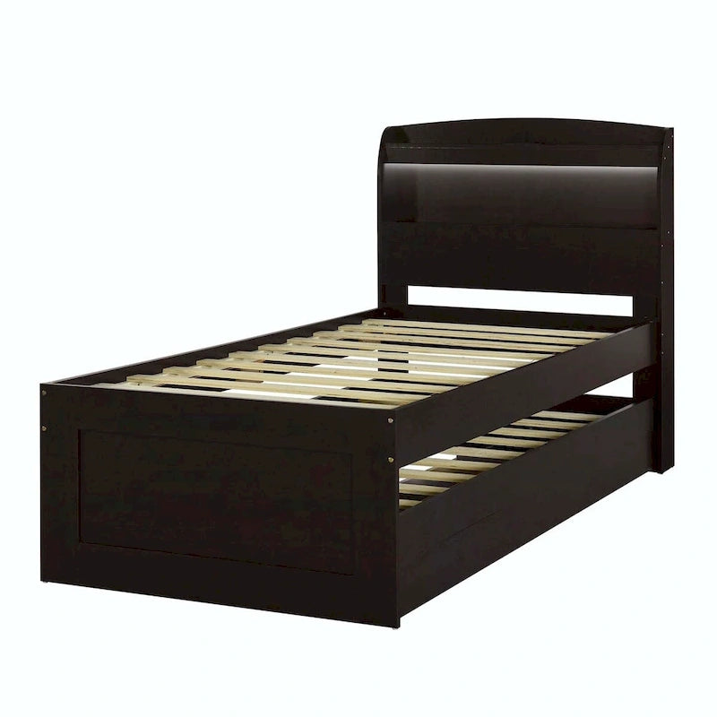 Twin XL Size Platform Bed with LED Headboard and Twin Trundle