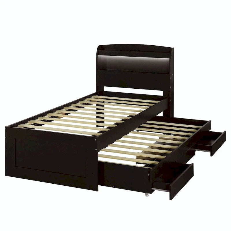 Twin XL Size Platform Bed with LED Headboard and Twin Trundle