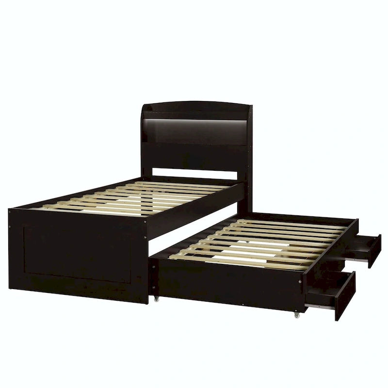 Twin XL Size Platform Bed with LED Headboard and Twin Trundle