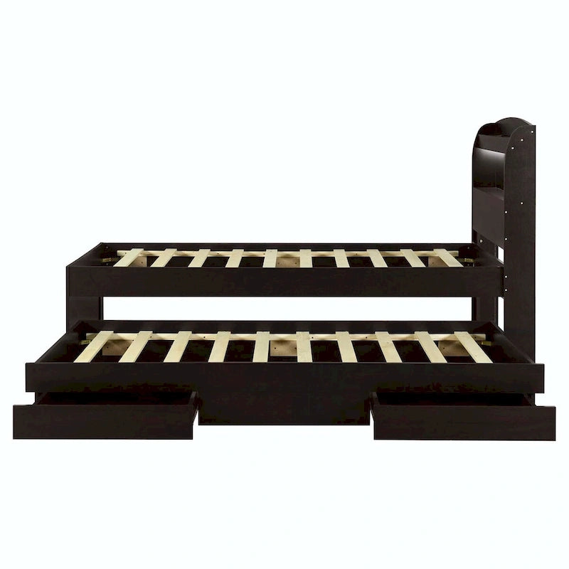 Twin XL Size Platform Bed with LED Headboard and Twin Trundle