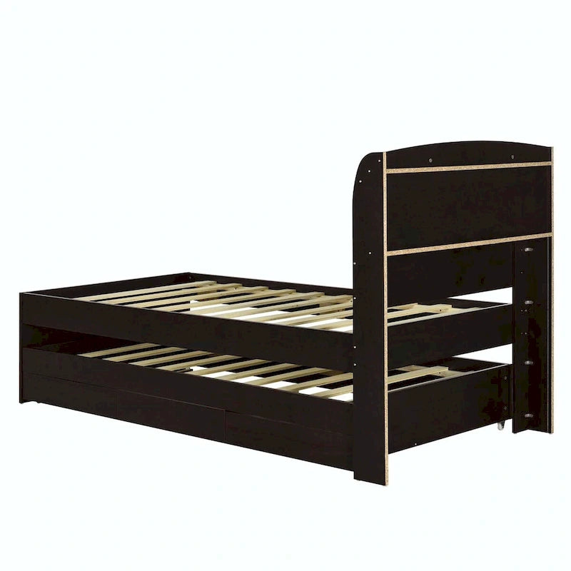 Twin XL Size Platform Bed with LED Headboard and Twin Trundle