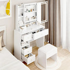 Left Drawer Makeup Vanity with LED Mirror and USB Power Station and Cushioned Stool