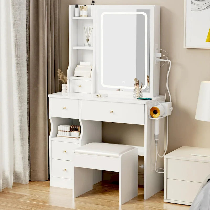 Left Drawer Makeup Vanity with LED Mirror and USB Power Station and Cushioned Stool