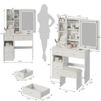 Left Drawer Makeup Vanity with LED Mirror and USB Power Station and Cushioned Stool