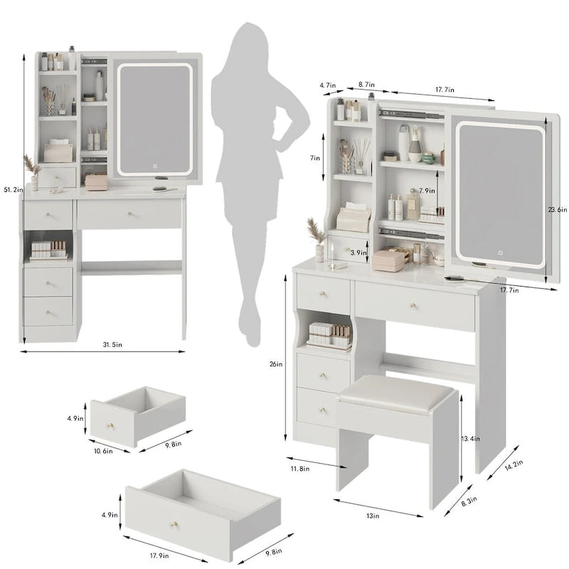 Left Drawer Makeup Vanity with LED Mirror and USB Power Station and Cushioned Stool