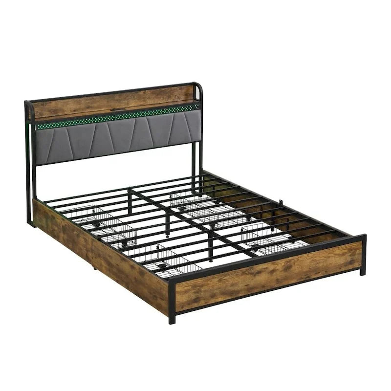 Storage Headboard with Charging Station and 4 Storage Drawers
