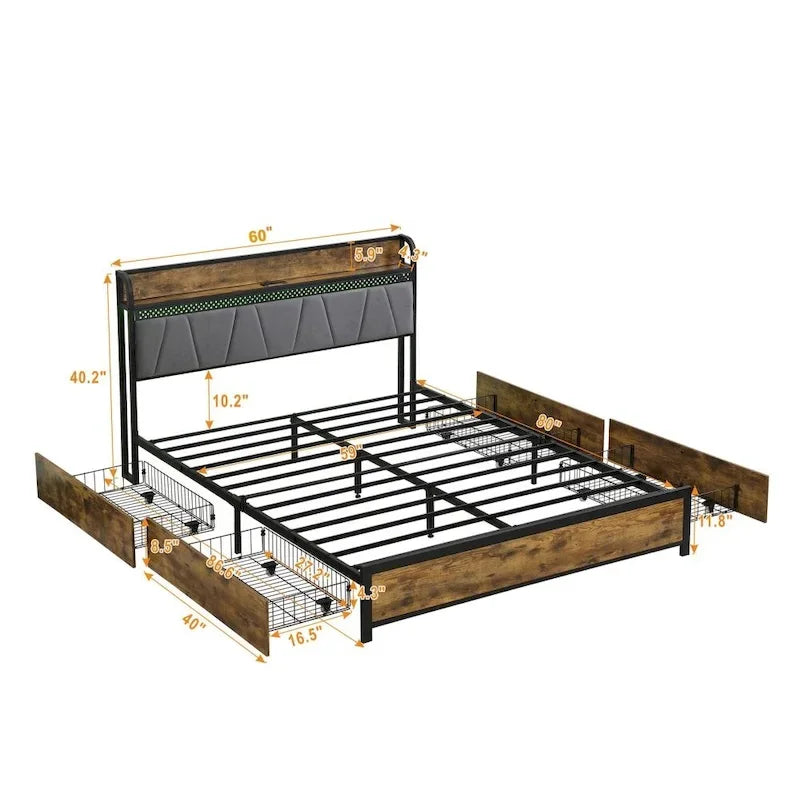 Storage Headboard with Charging Station and 4 Storage Drawers