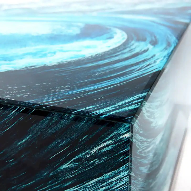 Sapphire Sea Reverse Printed Beveled Art Glass Cocktail Table with Black Plinth Base