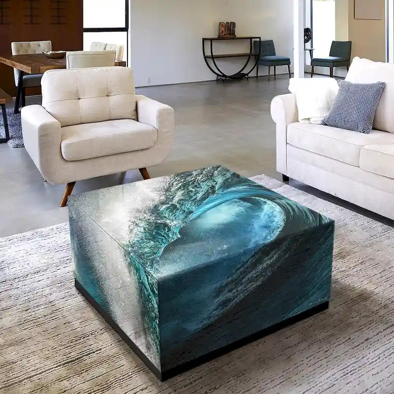 Sapphire Sea Reverse Printed Beveled Art Glass Cocktail Table with Black Plinth Base