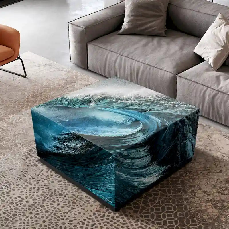 Sapphire Sea Reverse Printed Beveled Art Glass Cocktail Table with Black Plinth Base