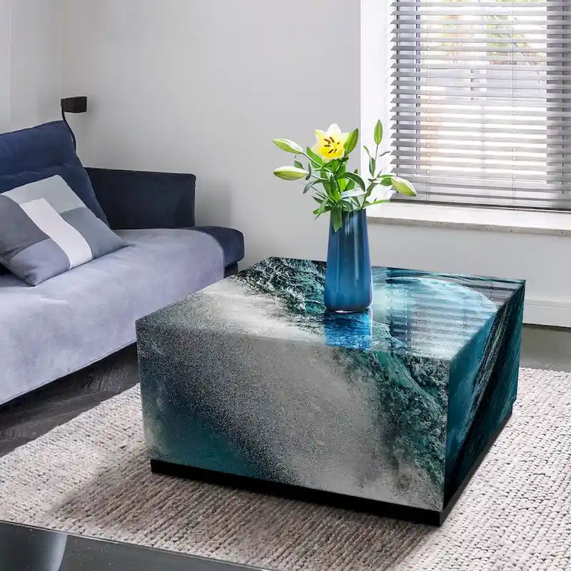 Sapphire Sea Reverse Printed Beveled Art Glass Cocktail Table with Black Plinth Base