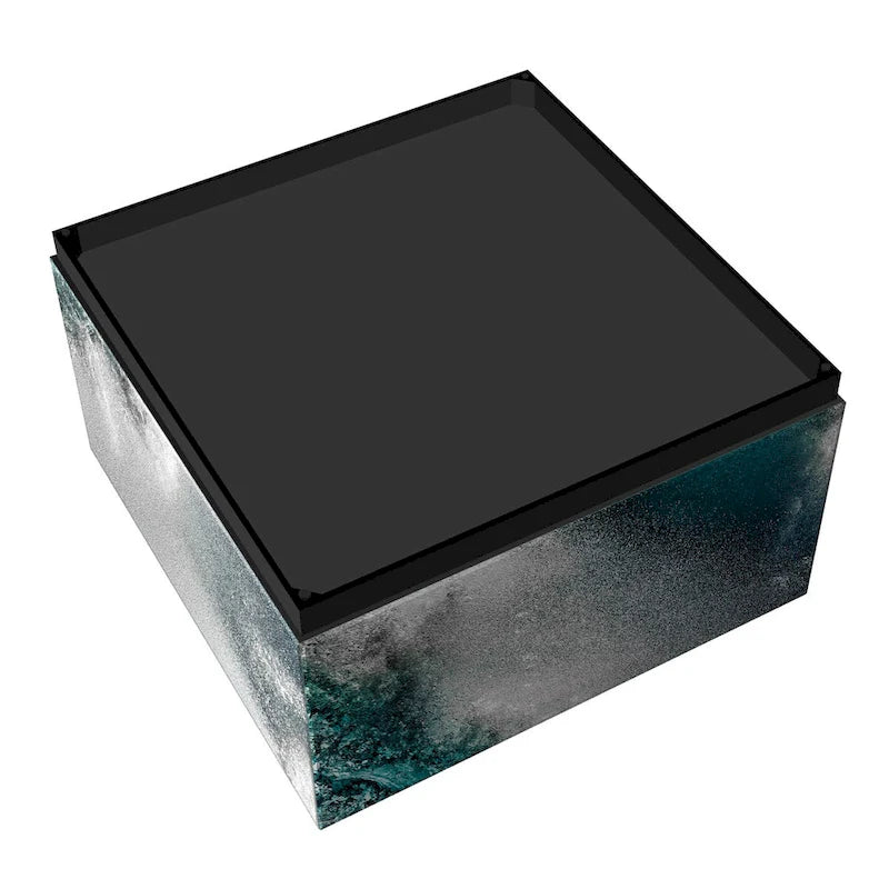 Sapphire Sea Reverse Printed Beveled Art Glass Cocktail Table with Black Plinth Base