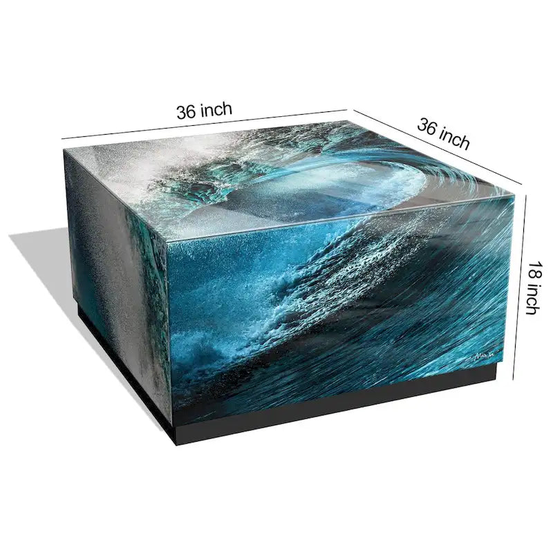 Sapphire Sea Reverse Printed Beveled Art Glass Cocktail Table with Black Plinth Base