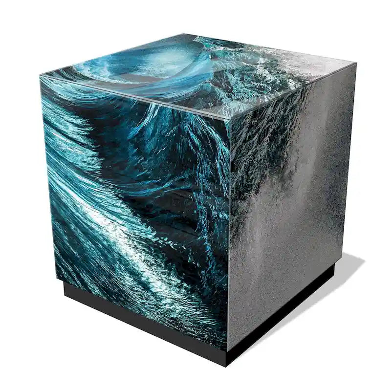 Sapphire Sea Reverse Printed Beveled Art Glass Cocktail Table with Black Plinth Base
